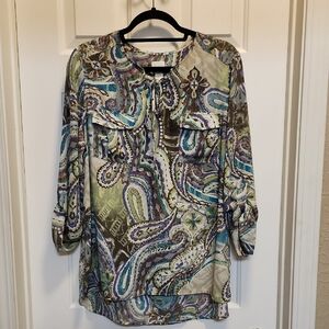 Chico's Paisley Blouse - Blue, Green, Cream Sz 2 (Large)